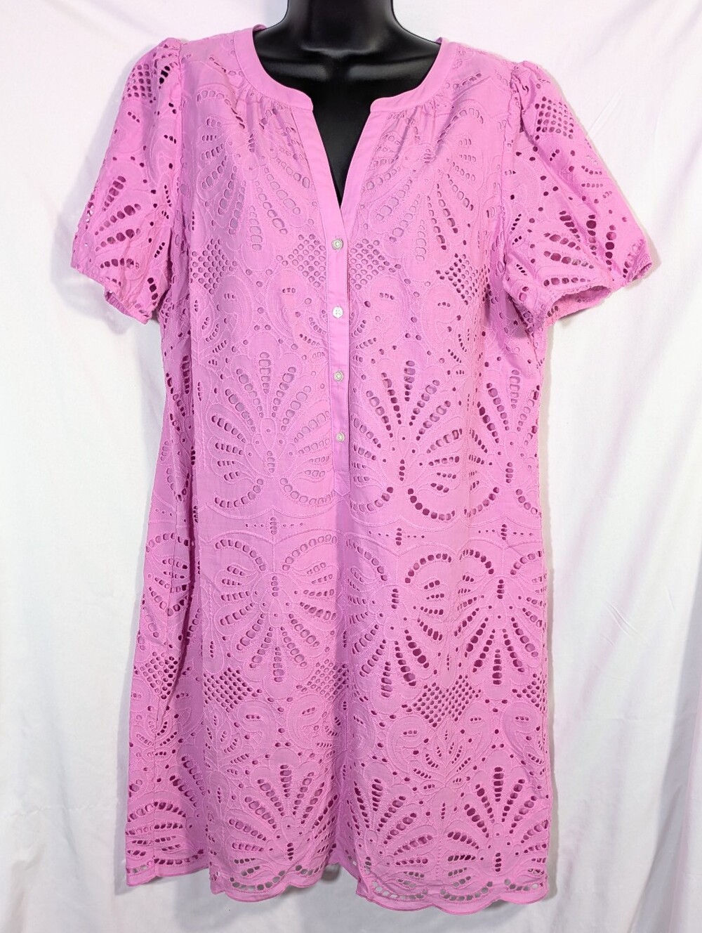 Talbots Pink Patterned Eyelet Overlay Short Sleeve Midi Dress Coastal Casual 12